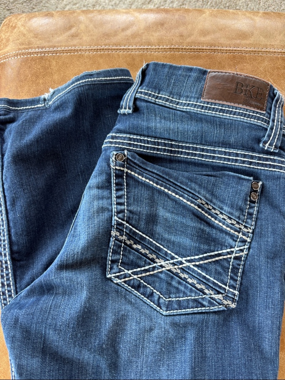 BKE Women's Dark Blue Flare Jeans with White Contrast Stitching - Picture 2 of 4
